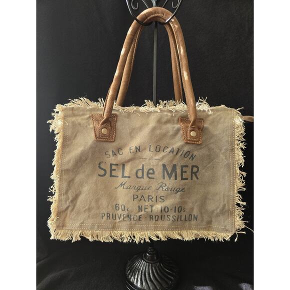 Myra Bags Upcycled Canvas Handbag Sel De Mer Beige Tote Nordstrom 13x10 Fringe - Picture 1 of 7